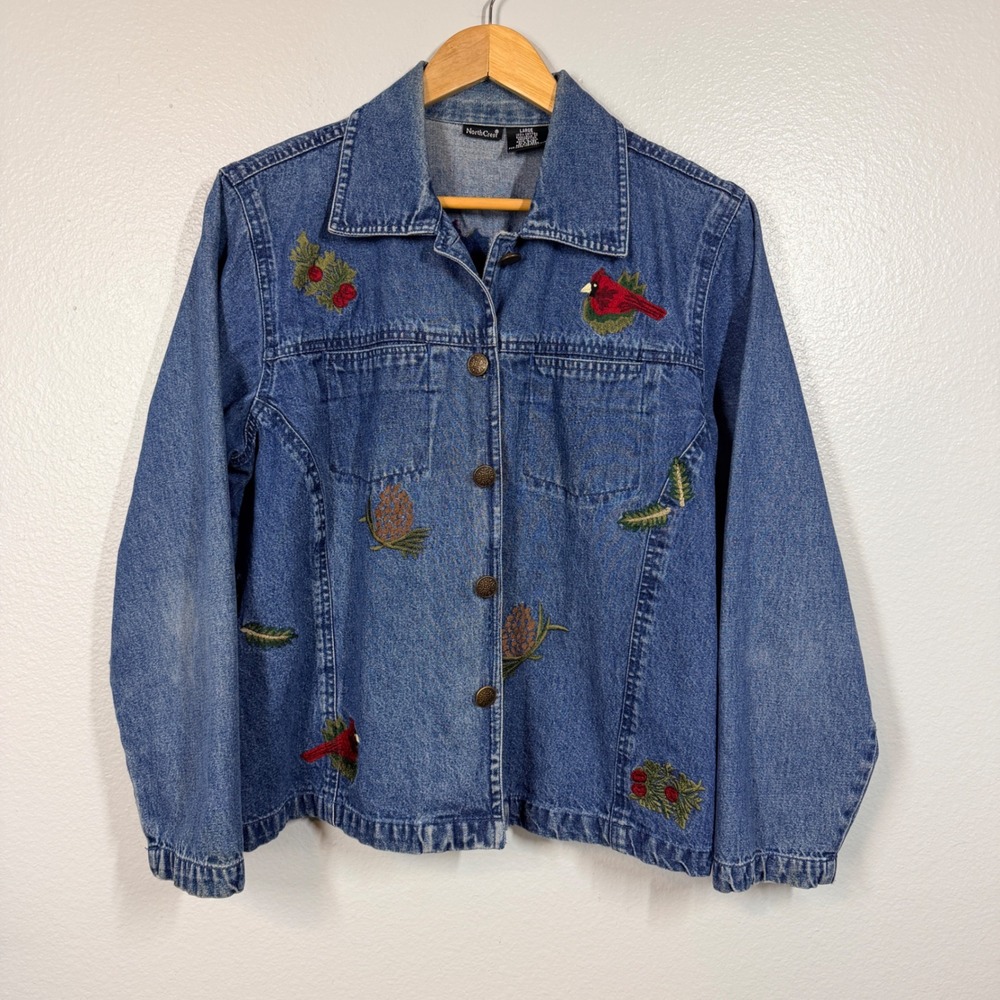 NorthCrest Denim Jacket Women Large Blue Cardinal Bird Embroidered‎ Granny